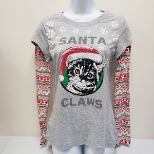 Wound Up Womens Christmas Santa Claws Kitty Cat Holiday Long Sleeve Top Size L